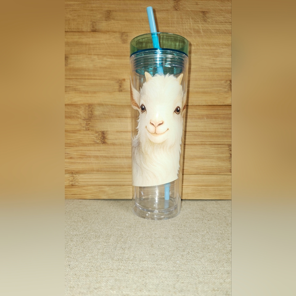 Hand Crafted Clear Tumbler with Goat Design and Blue Straw - Picture 1 of 1